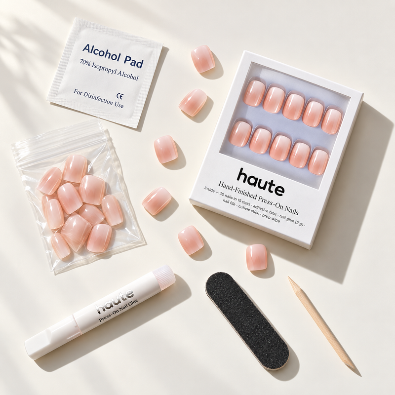 what's in the caught blushing box: 30 nails in 15 sizes, nail glue, adhesive tabs, file, cuticle stick and prep wipe