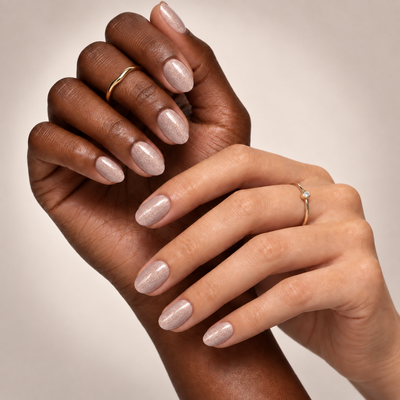 champagne hush press-on nails shown on two skin tones