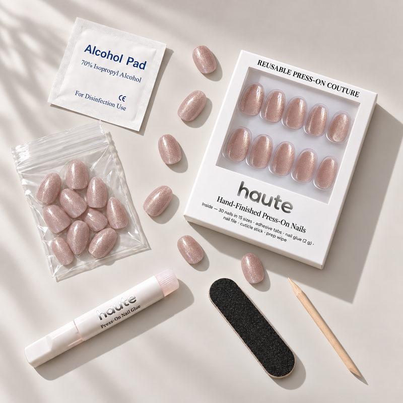 what's in the champagne hush box: 30 nails in 15 sizes, nail glue, adhesive tabs, file, cuticle stick and prep wipe