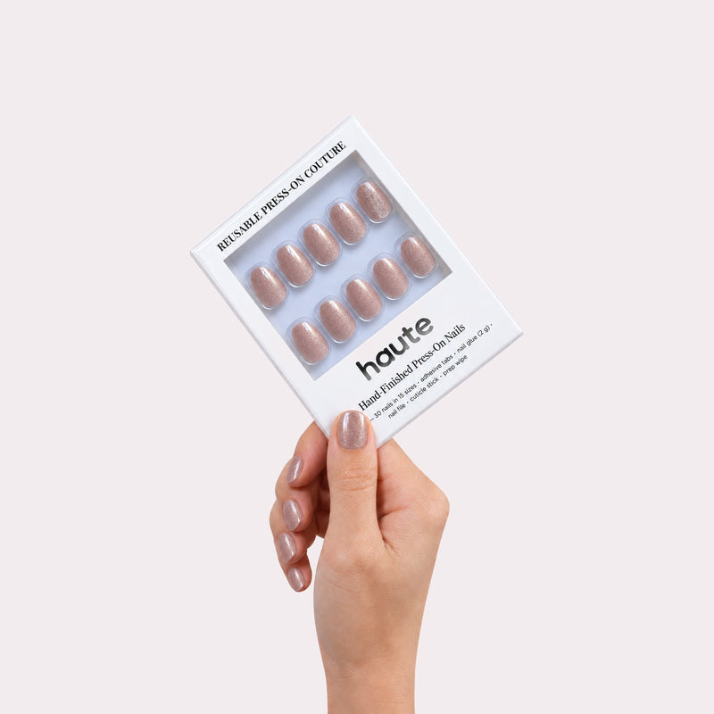 haute champagne hush press-on nails box in hand