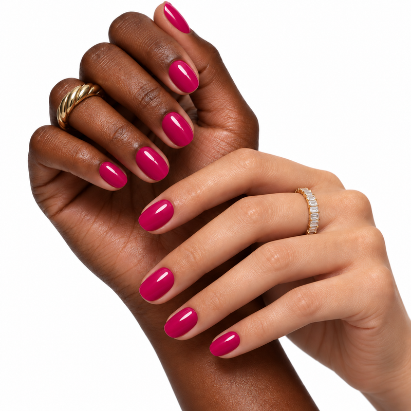 cherry secret press-on nails shown on two skin tones