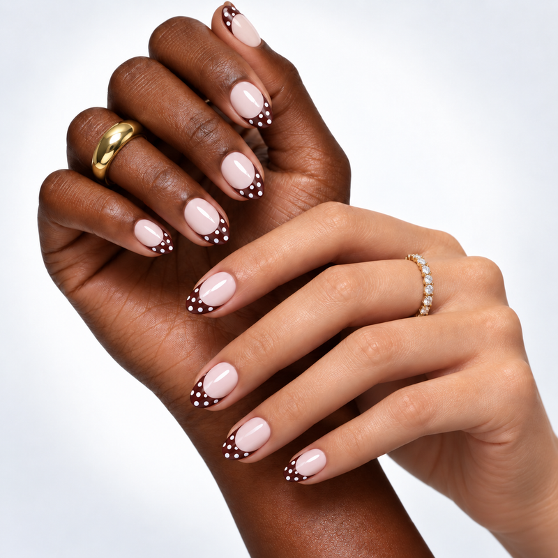 dot darling press-on nails shown on two skin tones