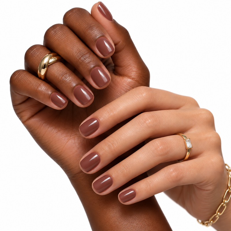 espresso edit press-on nails shown on two skin tones