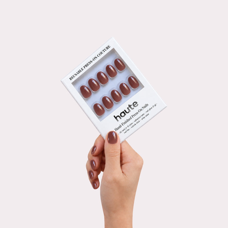 haute espresso edit press-on nails box in hand