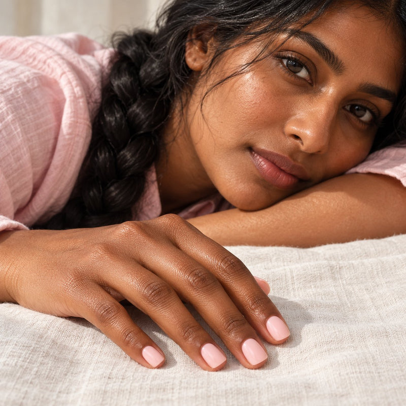 Model wearing haute caught blushing press-on nails