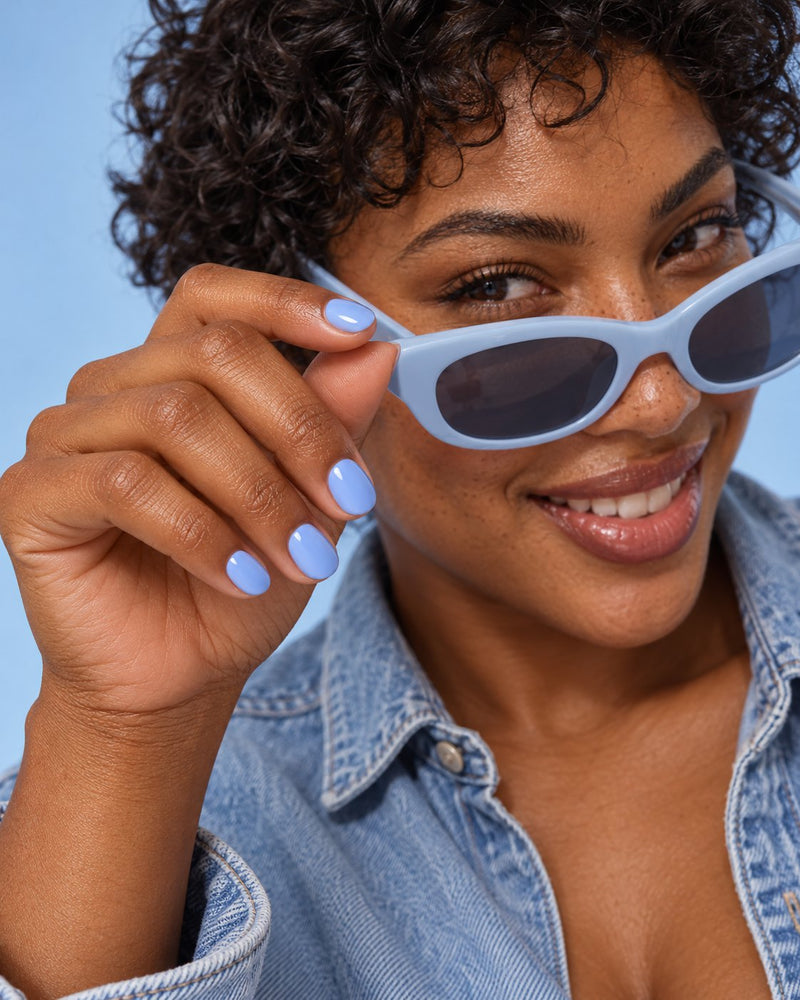 Model wearing haute cloud nine ish press-on nails