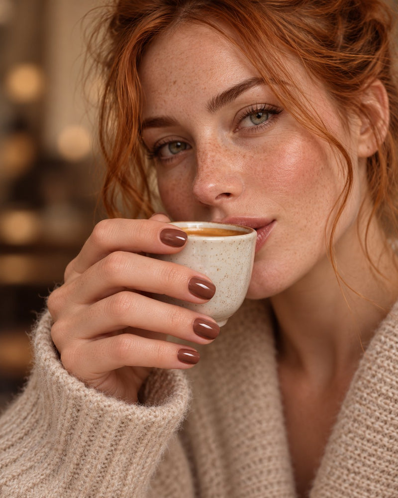 Model wearing haute espresso edit press-on nails
