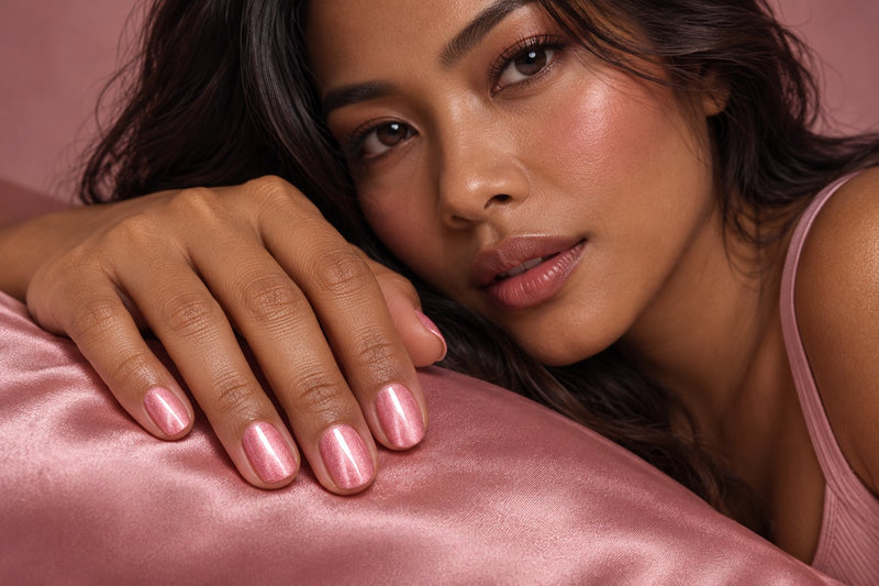Model wearing haute pink afterparty press-on nails