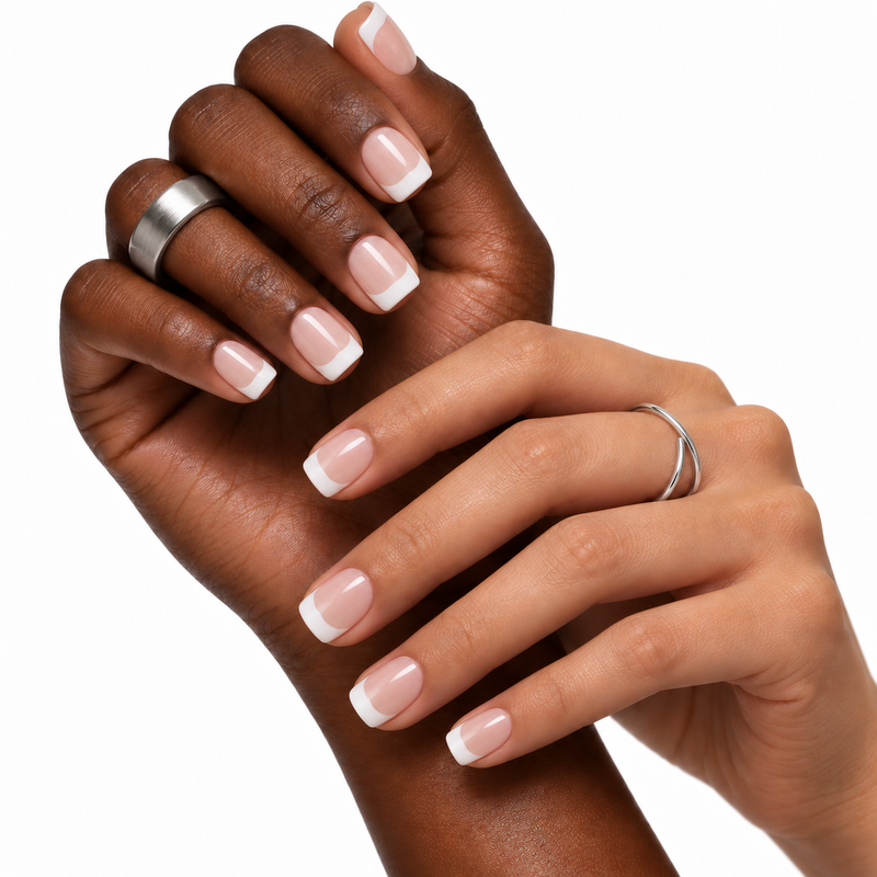 french benefits press-on nails shown on two skin tones