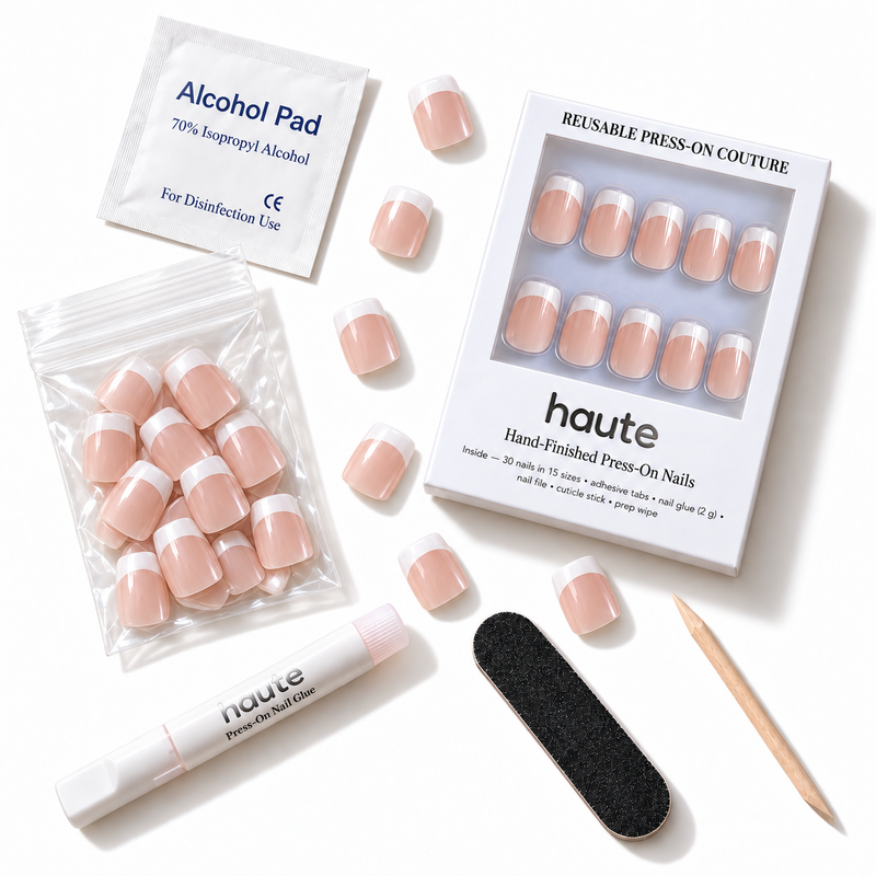 what's in the french benefits box: 30 nails in 15 sizes, nail glue, adhesive tabs, file, cuticle stick and prep wipe