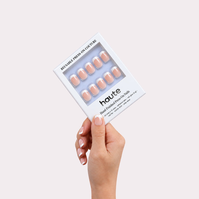 haute french benefits press-on nails box in hand