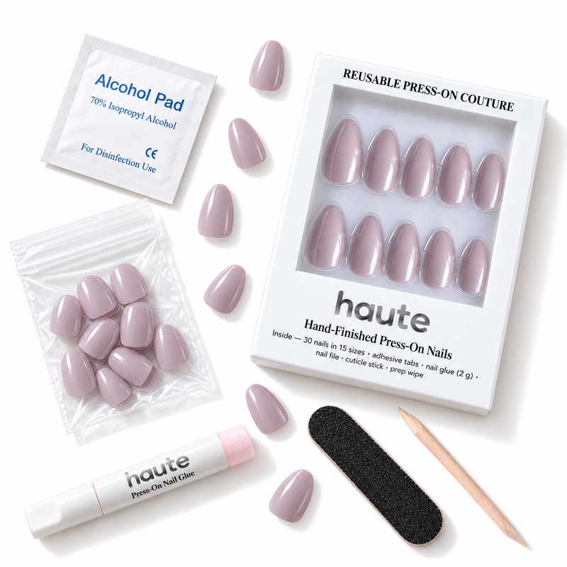 what's in the lilac crush box: 30 nails in 15 sizes, nail glue, adhesive tabs, file, cuticle stick and prep wipe