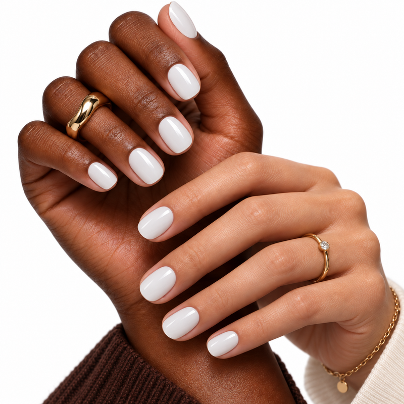 milk money press-on nails shown on two skin tones