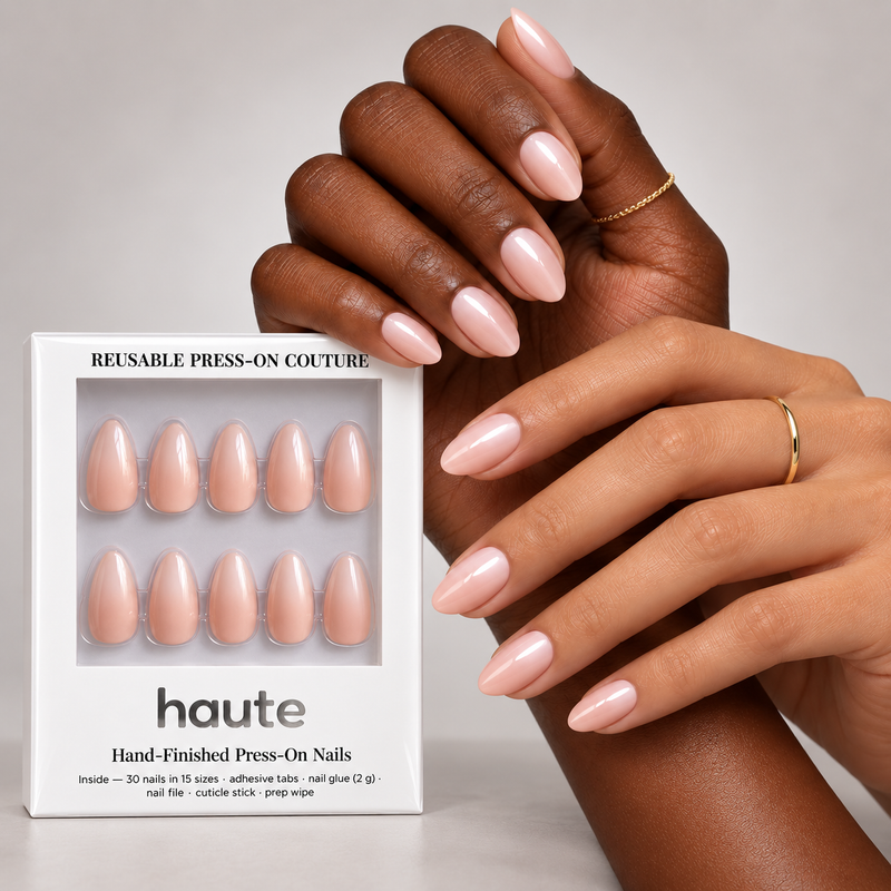 peach affair press-on nails with the haute box
