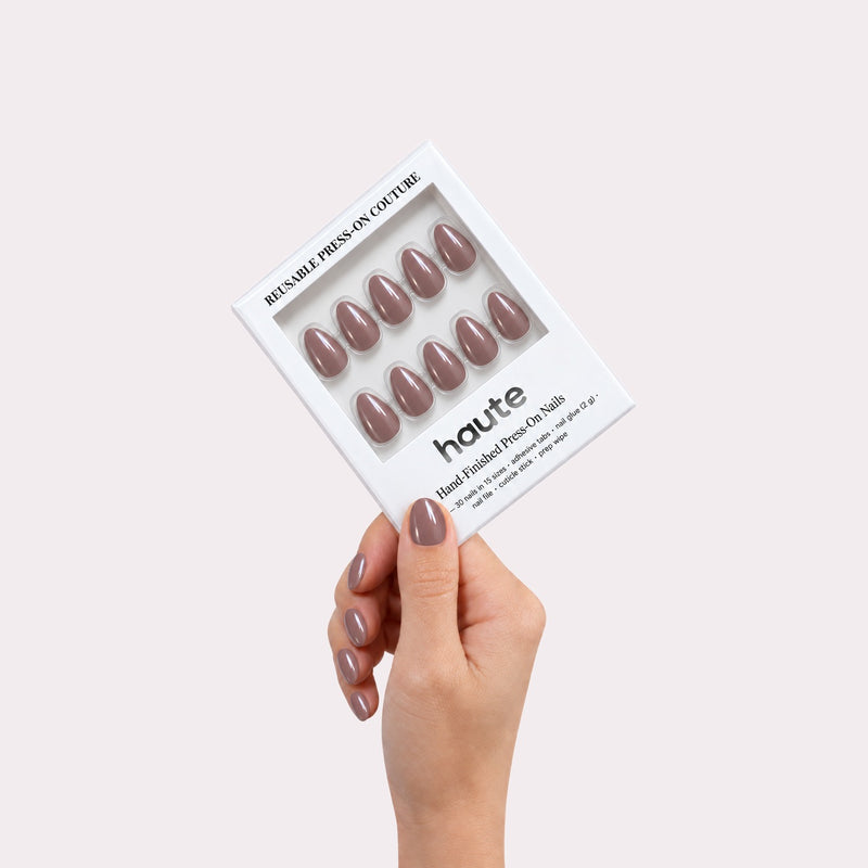 haute rose rumours press-on nails box in hand