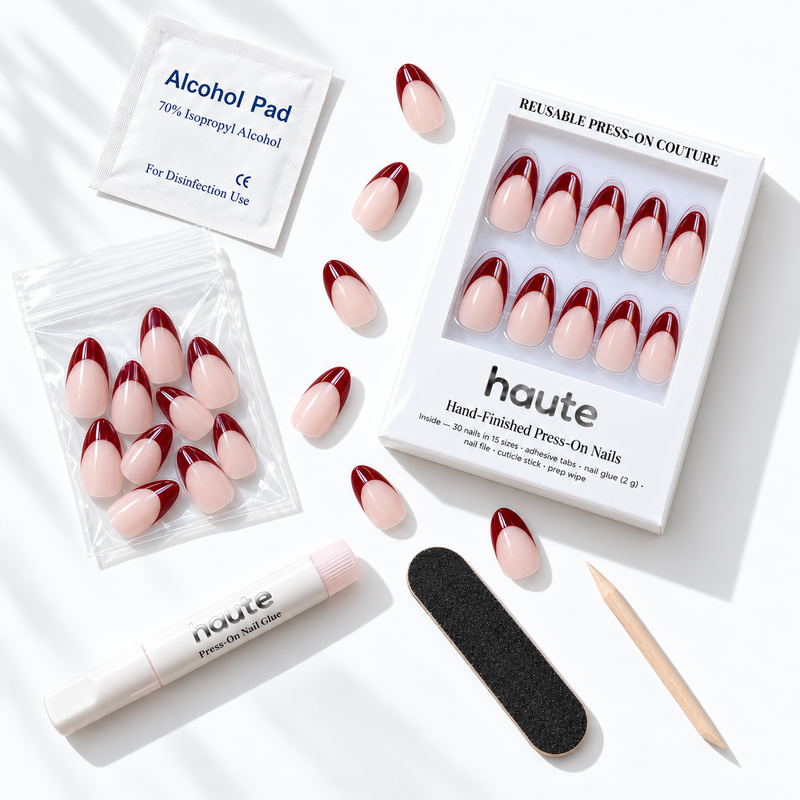 what's in the sip happens box: 30 nails in 15 sizes, nail glue, adhesive tabs, file, cuticle stick and prep wipe