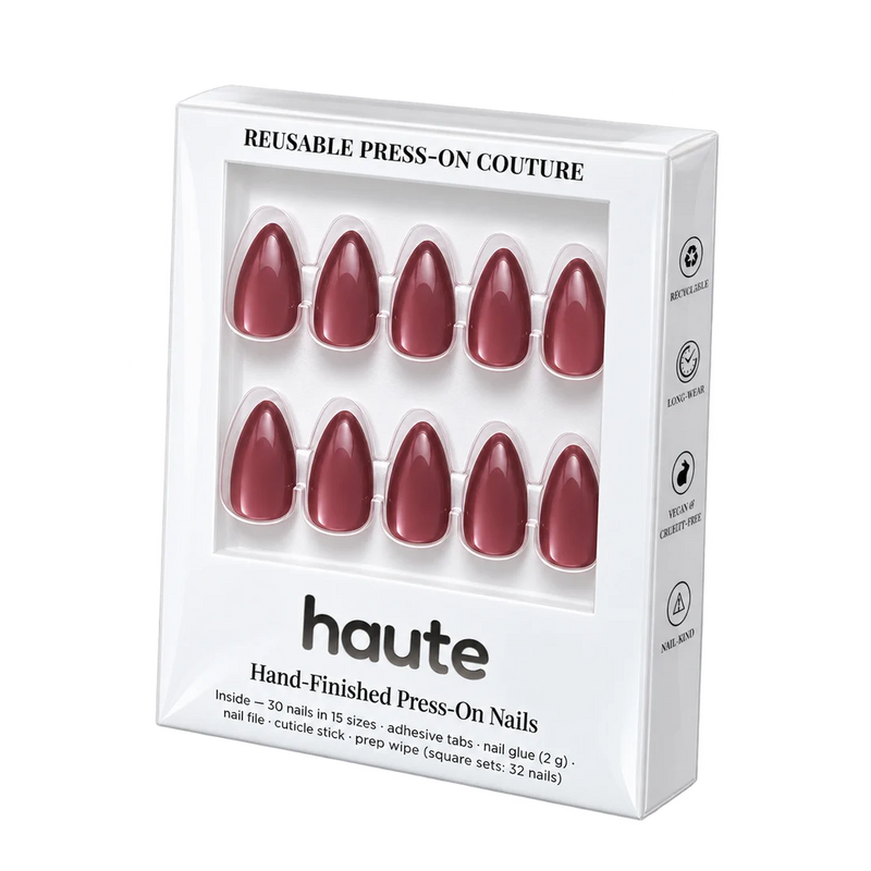 mauve me dusty rose press-on nails shown at an angle