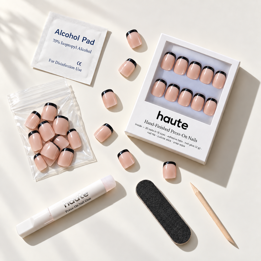 haute press-on nail kit with nail glue and adhesive tabs