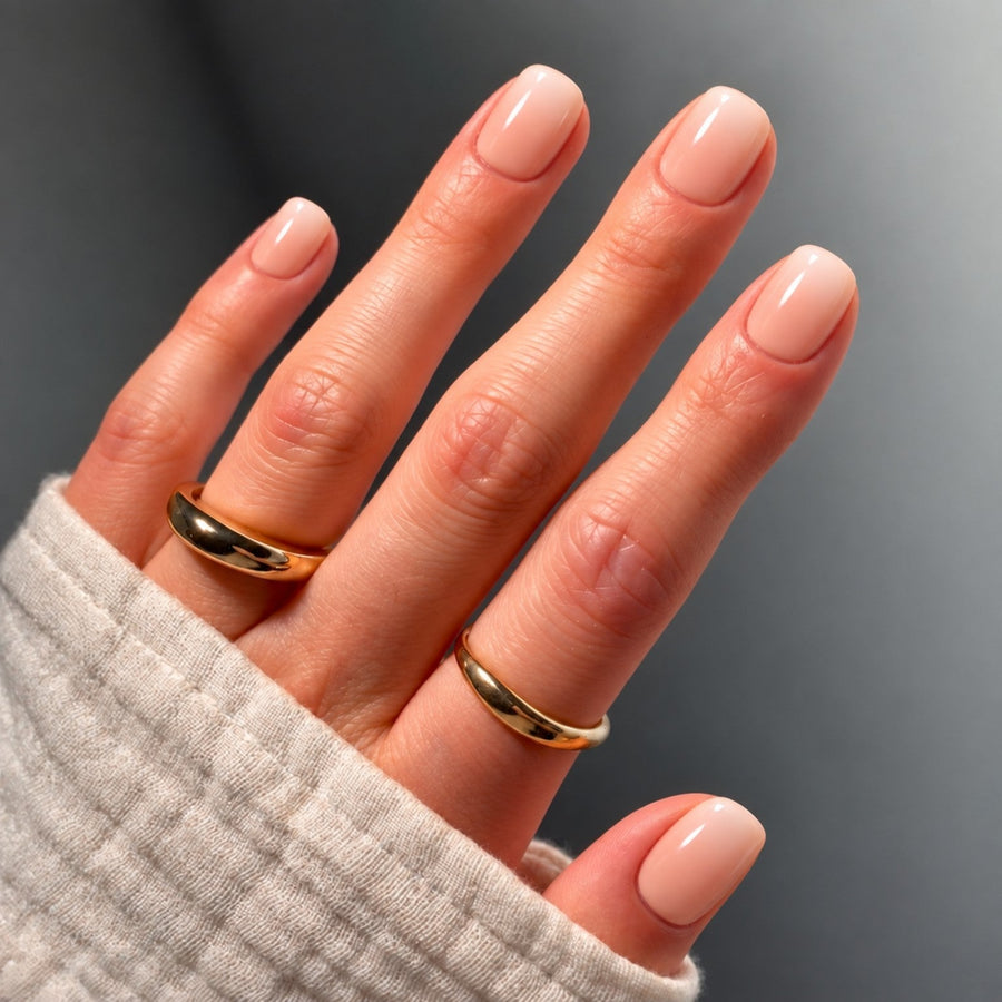 caught blushing super short square press-on nails on hand