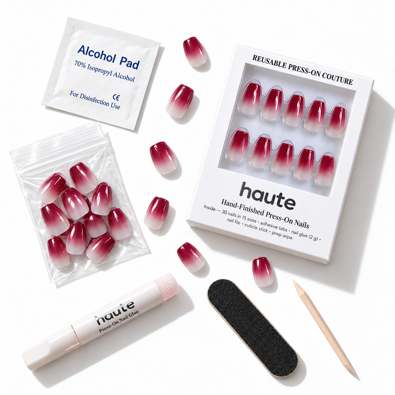 what's in the cherry on mute box: 30 nails in 15 sizes, nail glue, adhesive tabs, file, cuticle stick and prep wipe