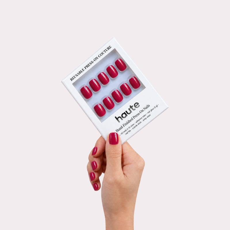 haute cherry secret press-on nails box in hand