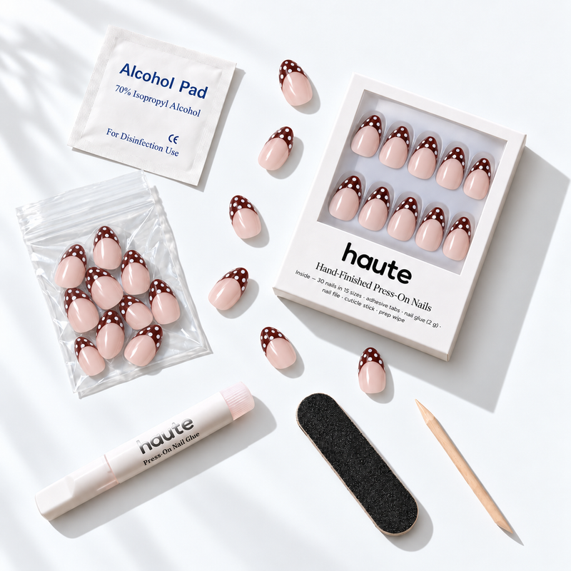what's in the dot darling box: 30 nails in 15 sizes, nail glue, adhesive tabs, file, cuticle stick and prep wipe