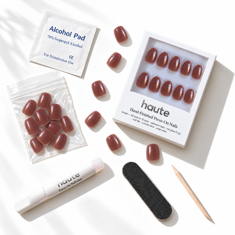 what's in the espresso edit box: 30 nails in 15 sizes, nail glue, adhesive tabs, file, cuticle stick and prep wipe