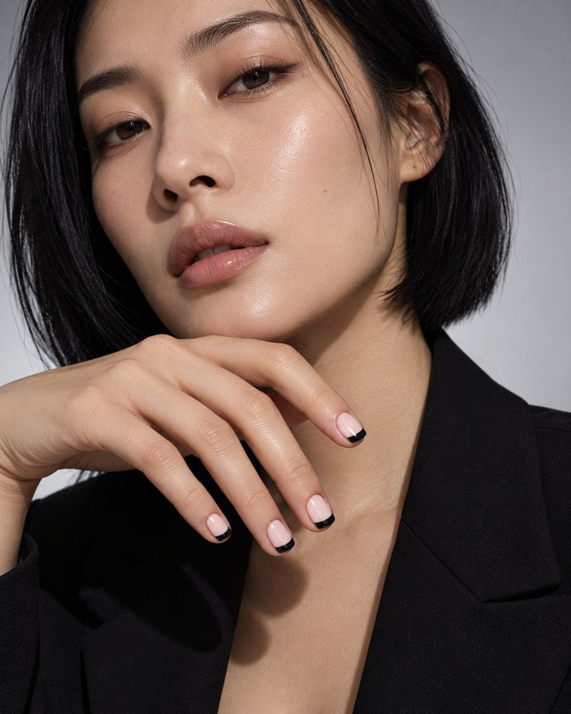 Model wearing haute black tie press-on nails