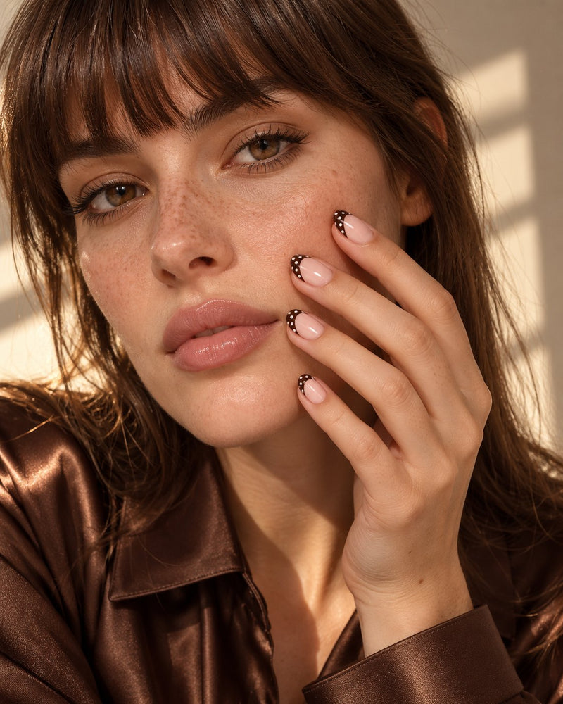 Model wearing haute dot darling press-on nails