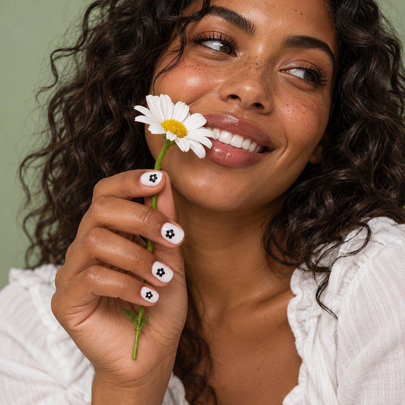 Model wearing haute petal party press-on nails