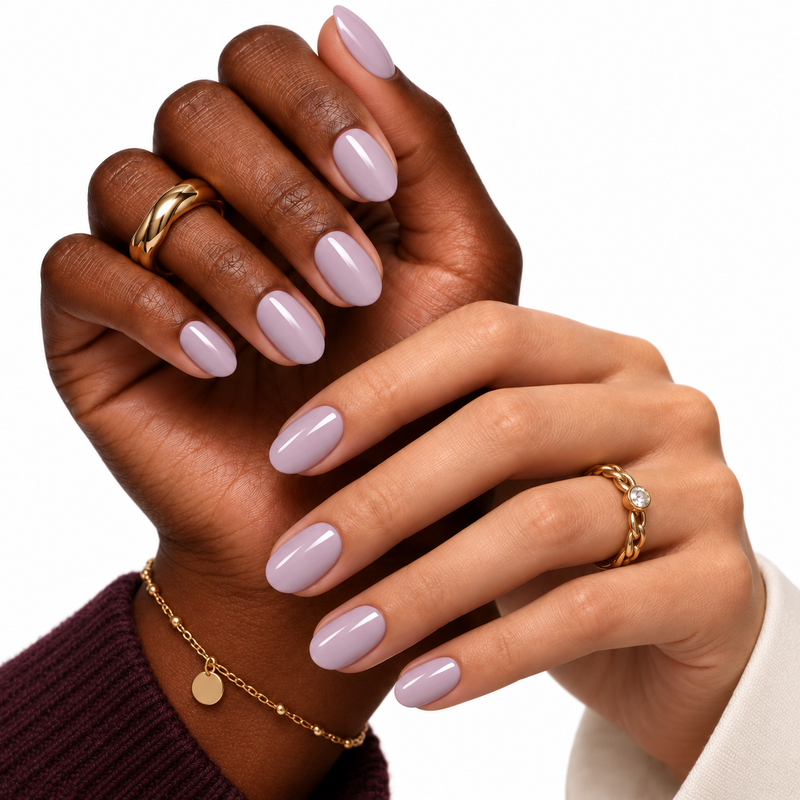 lilac crush press-on nails shown on two skin tones