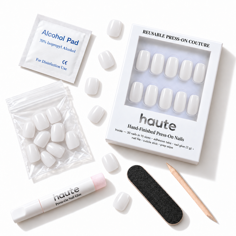 what's in the milk money box: 30 nails in 15 sizes, nail glue, adhesive tabs, file, cuticle stick and prep wipe