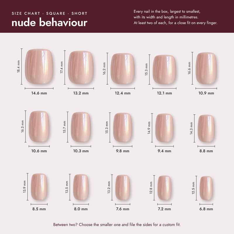nude behaviour size chart: the width and length of every nail in the set, in millimetres