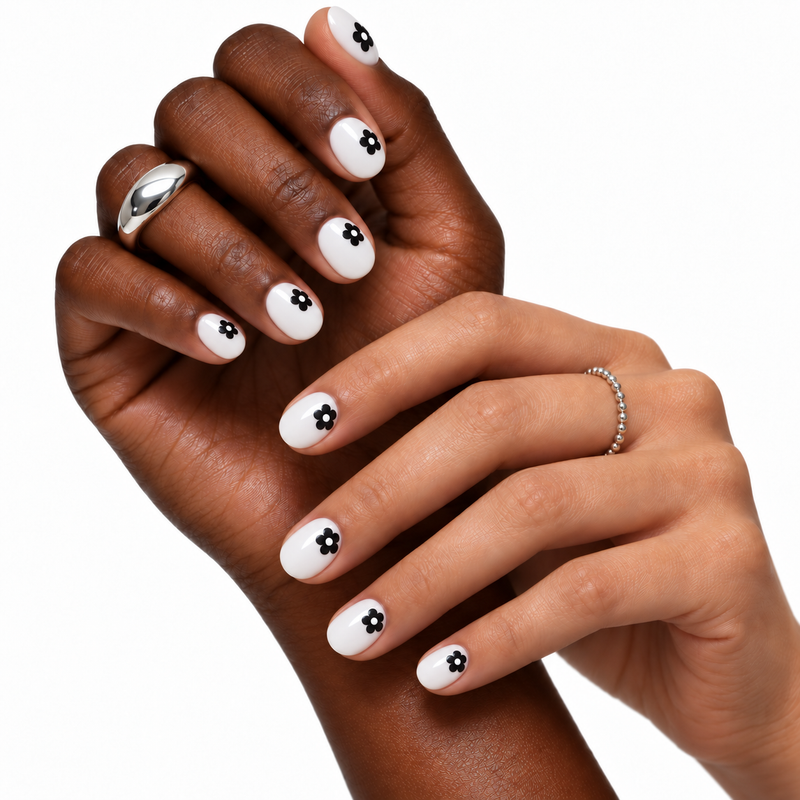 petal party press-on nails shown on two skin tones