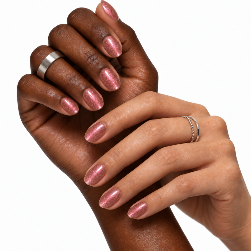 pink afterparty press-on nails shown on two skin tones