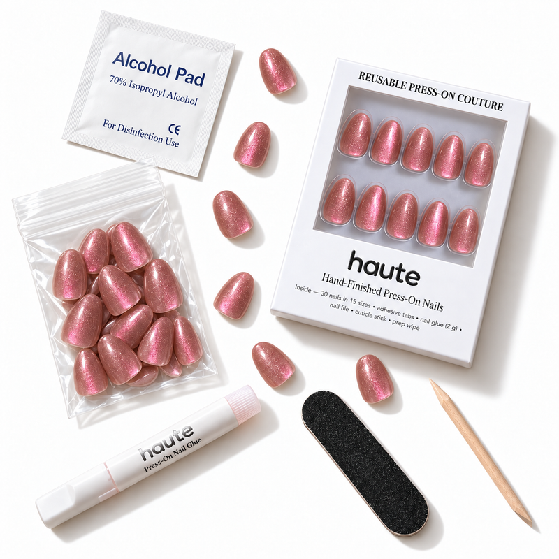 what's in the pink afterparty box: 30 nails in 15 sizes, nail glue, adhesive tabs, file, cuticle stick and prep wipe