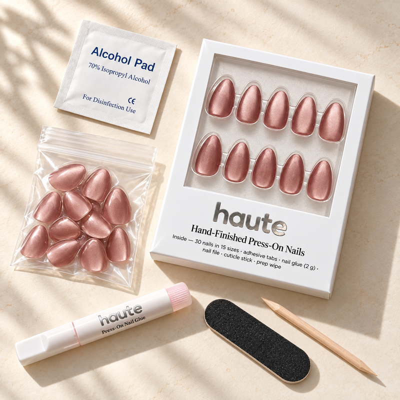 what's in the rose rumours box: 30 nails in 15 sizes, nail glue, adhesive tabs, file, cuticle stick and prep wipe