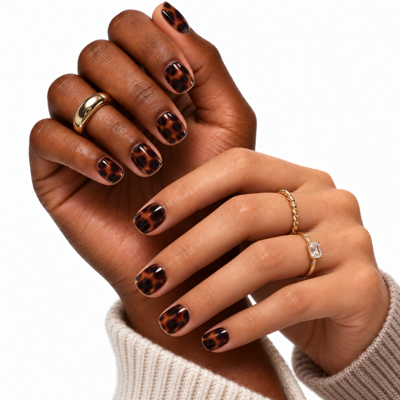 shell crush press-on nails shown on two skin tones