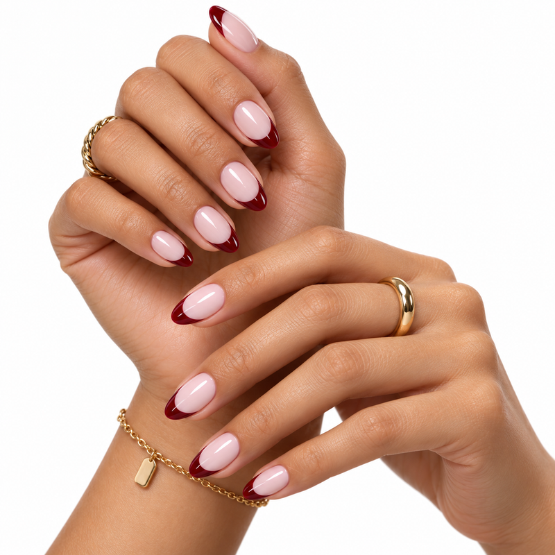 sip happens press-on nails shown on two skin tones