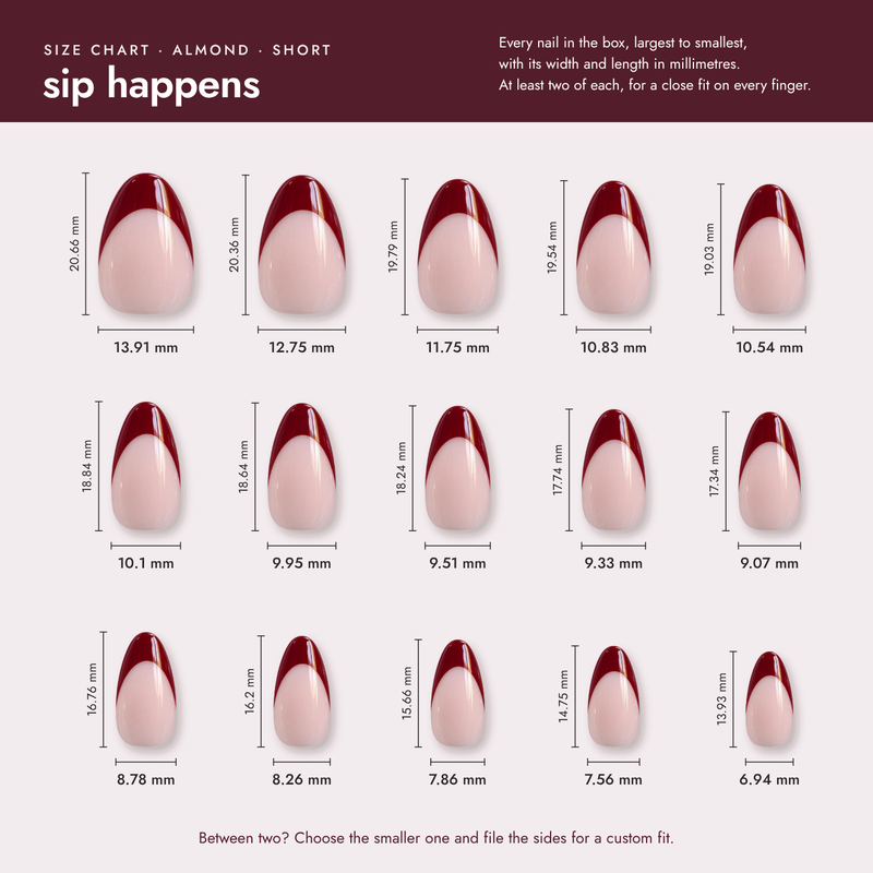sip happens size chart: the width and length of every nail in the set, in millimetres