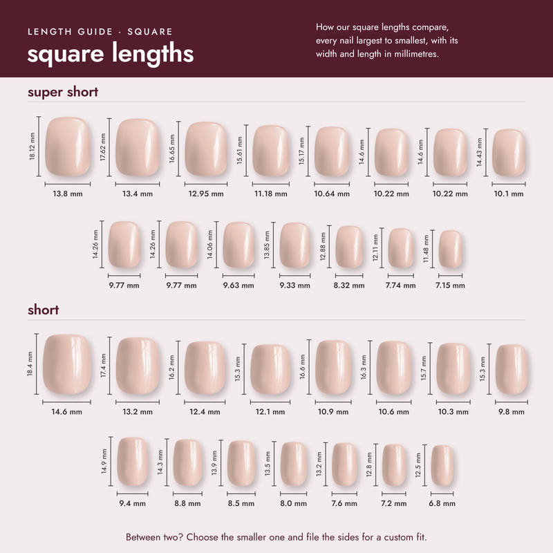 haute square length guide: super short and short nails compared, with the width and length of every nail in millimetres