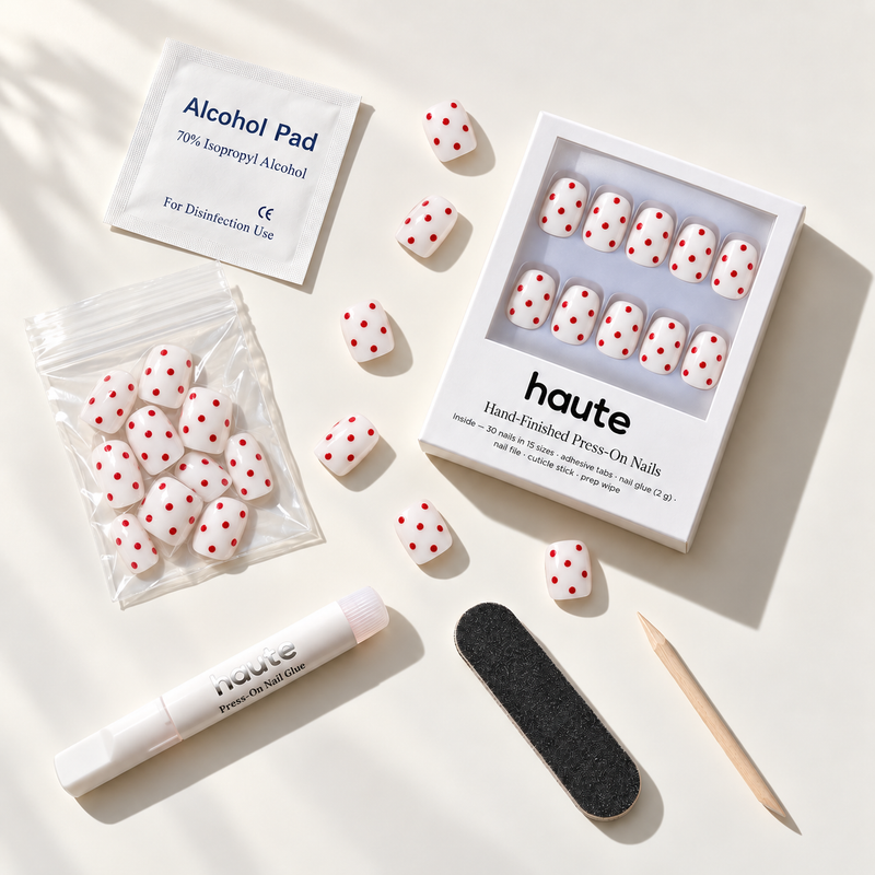 what's in the sweet spot box: 30 nails in 15 sizes, nail glue, adhesive tabs, file, cuticle stick and prep wipe