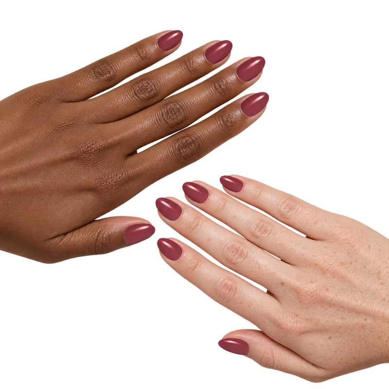 mauve me short almond dusty rose press-on nails worn on two hands